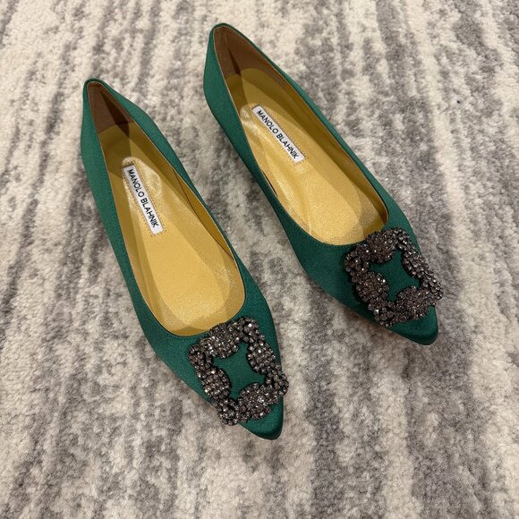 Manolo Blahnik Hangisi Green Satin Flat - Picture 1 of 4
